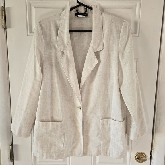 Sag Harbor Vintage Women's Blazer Jacket Size 12 Beige Cream Linen Shoulder Pads - Picture 1 of 8